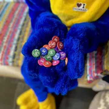 A bird mascot holds a handful of pronoun buttons.